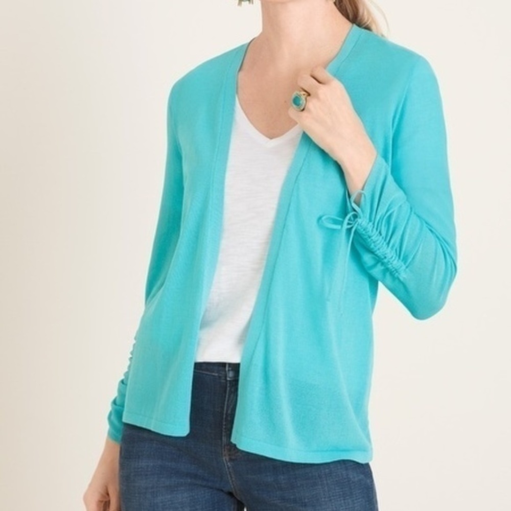 Chico's Blue Ruched Sleeve Open Cardigan small (0)